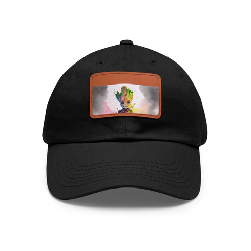 Baby Groot neon watercolor baseball cap with light brown patch.