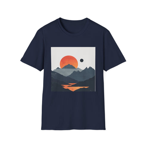 Charcoal crew neck cotton T-shirt with minimalist mountain sunrise graphic