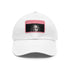 Chic white cap with light brown patch, Jennifer Lawrence signature logo.