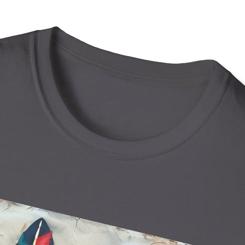 Bohemian feather charcoal t-shirt, celebrates freedom with vibrant design and comfort.