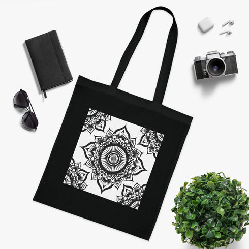 Mindful Mandala Tote Bag in Black Cotton - Tranquil Mandala Pattern