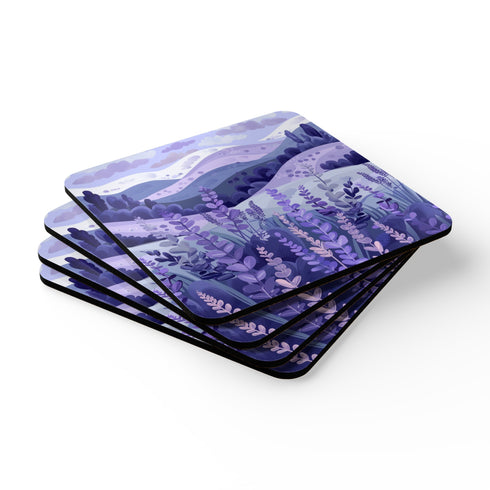 Serene lavender fields square coaster set for desk and kitchen.