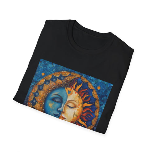 Charcoal cotton t-shirt featuring an intricate mandala sun and moon design