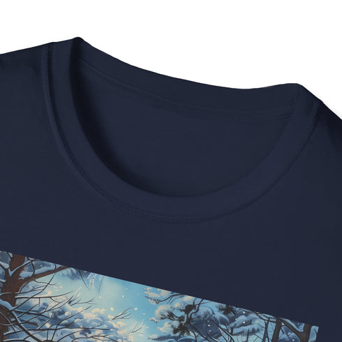 Charcoal cotton t-shirt featuring intricate winter wonderland painting and crew neck