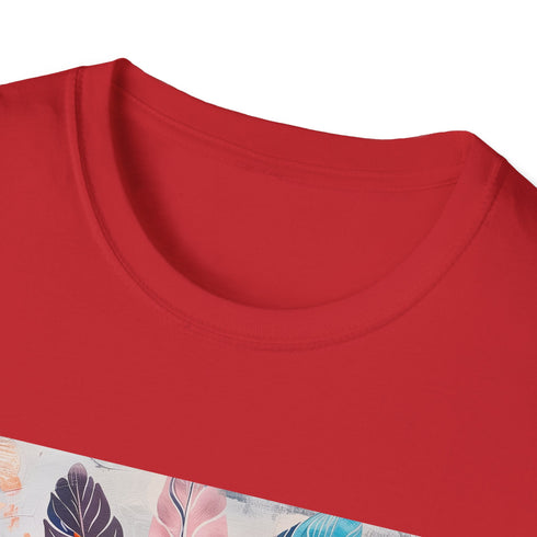 Charcoal cotton T-shirt with bohemian feather design inspiring freedom and individuality