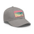 Futuristic white cotton cap with urban skyline design.