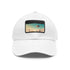 Urban skyline white cotton cap with futuristic city design.