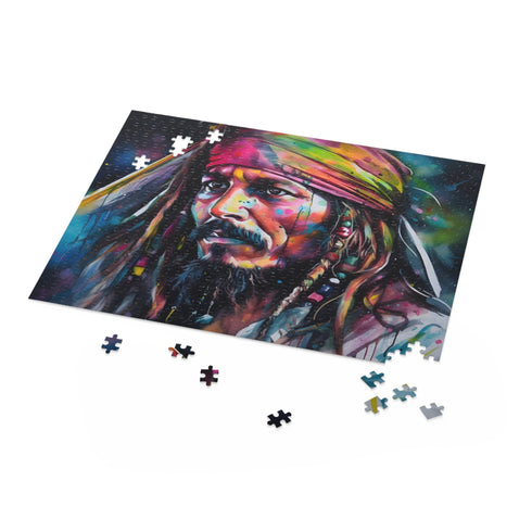 Vibrant neon Jack Sparrow jigsaw puzzle with whimsical watercolor design.