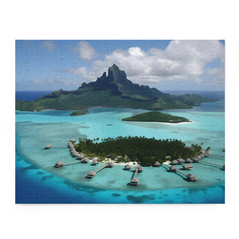 Bora Bora Paradise Jigsaw Puzzle with tropical blue waters and bungalows.