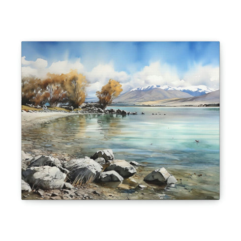 Canvas print of Tekapo Serenity: Majestic mountains and tranquil lakefront.