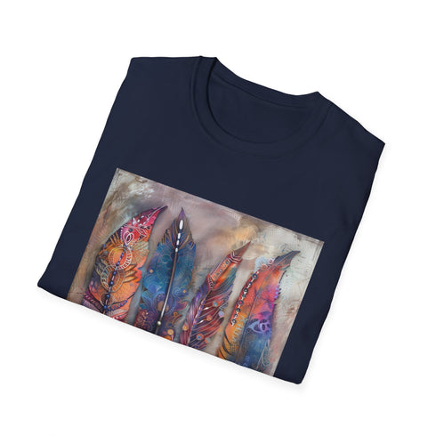 Charcoal crew neck t-shirt with vibrant bohemian feather pattern