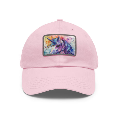 Magical watercolor unicorn baseball cap in white with light brown patch.