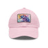 Magical watercolor unicorn baseball cap in white with light brown patch.
