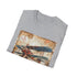 Charcoal cotton t-shirt featuring vintage airplane with travel stamps design