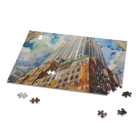 Watercolor Chrysler Building puzzle for relaxing entertainment in NYC.