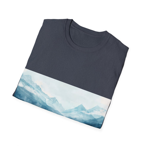 Alaska Beauty Watercolor Tee in Charcoal, size S; lakes & mountains motif