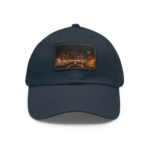 White cotton baseball hat with Amsterdam Canals night scene embroidery.
