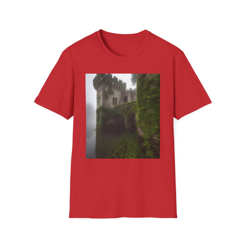 Charcoal cotton T-Shirt with mystical ancient stone castle and ivy design