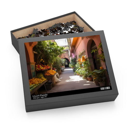 Colorful Marrakech market puzzle with intricate architecture and lush gardens.