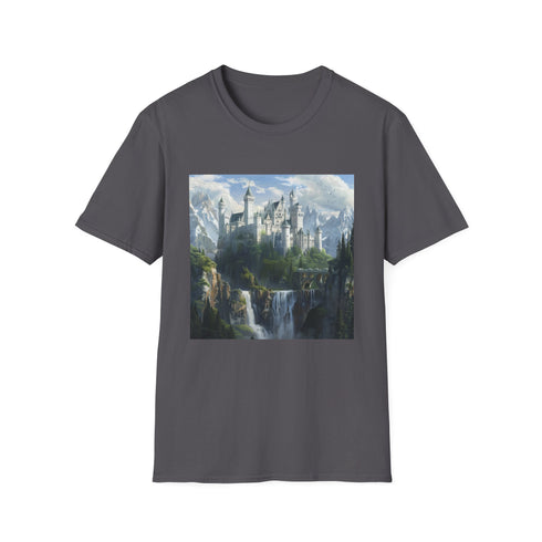Charcoal mystical fantasy castle t-shirt, unisex regular fit, soft fabric.