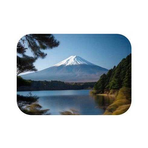 Japanese garden inspired bath mat with Mount Fuji silhouette.