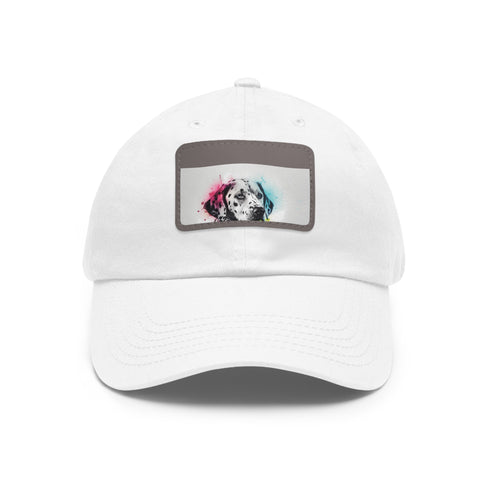 Dalmatian baseball cap with white/light brown patch in rectangle shape.