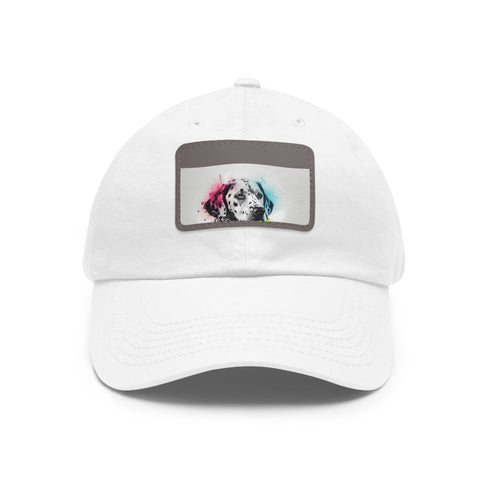 Dalmatian graphic baseball cap in white with light brown patch.