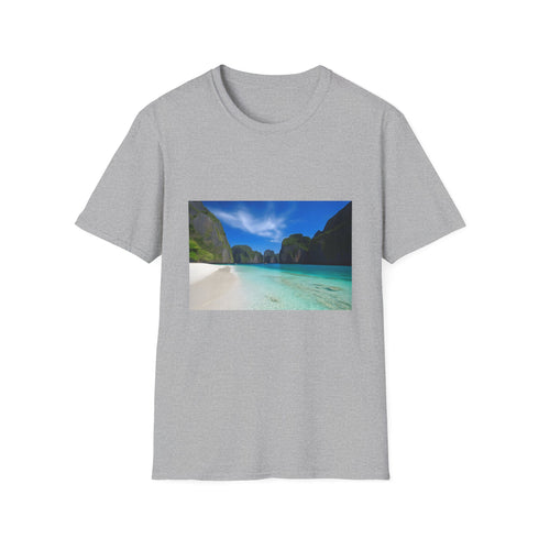 Charcoal cotton crew neck t-shirt with azure beach scene direct-to-garment print