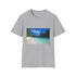 Charcoal cotton crew neck t-shirt with azure beach scene direct-to-garment print