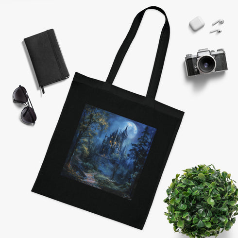 Moonlit Castle Tote Bag - Cotton, Black, Enchanting Design - Accessories