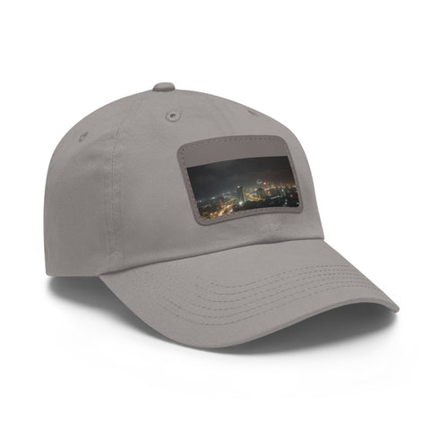 Nighttime Lagos skyline embroidery on white baseball cap with light brown patch.