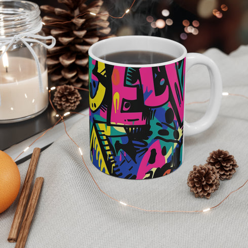 Colorful urban graffiti ceramic coffee mug, 11 oz, sublimation design.