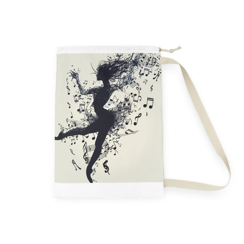 Dancer silhouette and musical note print laundry bag, artful and stylish.