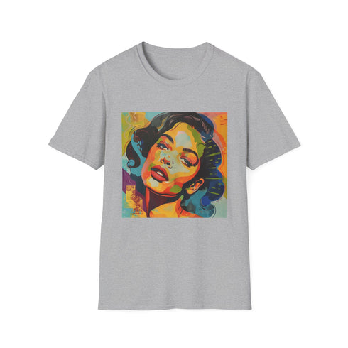 Charcoal cotton t-shirt featuring vibrant pop art portrait with regular fit