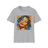 Charcoal cotton t-shirt featuring vibrant pop art portrait with regular fit
