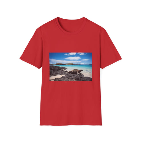 Charcoal cotton crew neck T-shirt featuring vibrant Galapagos Islands design