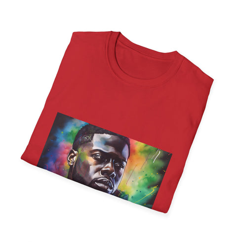 Vibrant charcoal T-shirt features neon color design on soft cotton fabric