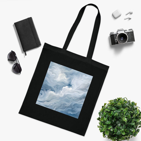 Ethereal black cotton tote bag with captivating design inspired by wallpaper patterns.