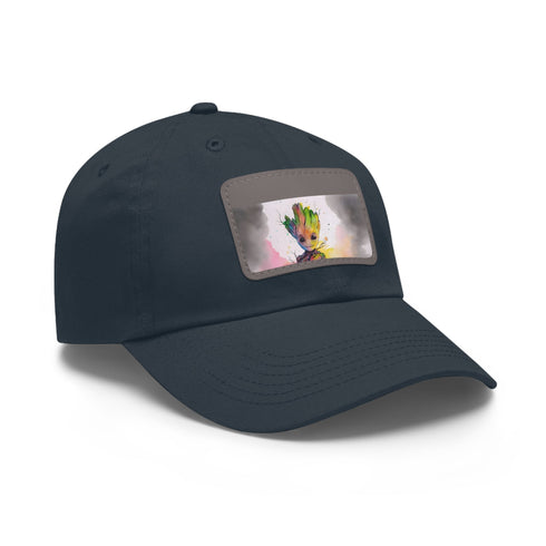 Neon watercolor Baby Groot baseball cap with light brown rectangle patch.