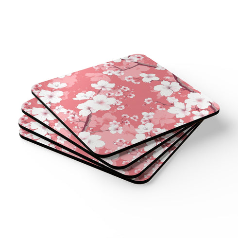 Square Cherry Blossom Corkwood Coasters: Elegant Pink & White Kitchen Accessories