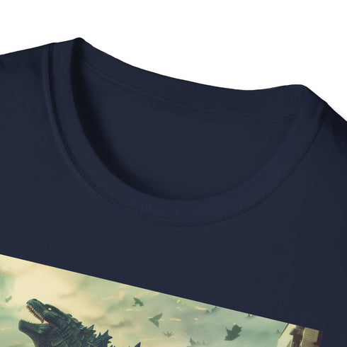Nuclear Dawn Godzilla charcoal t-shirt with radioactive atomic breath design.