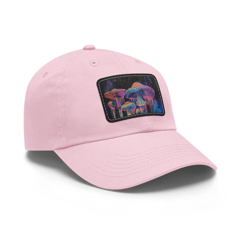 Psychedelic mushroom trucker hat with light brown patch on white.