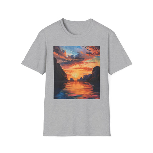 Charcoal cotton T-shirt featuring a vibrant El Nido sunset painting design