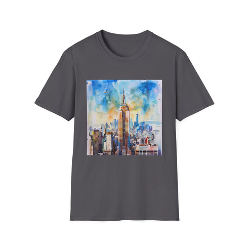 Watercolor Empire State Building skyline T-shirt in charcoal, regular fit, cotton.