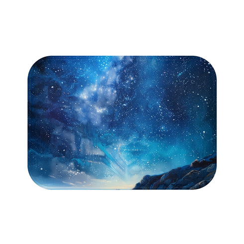 Starry bath mat with galaxy design for bathroom decor.