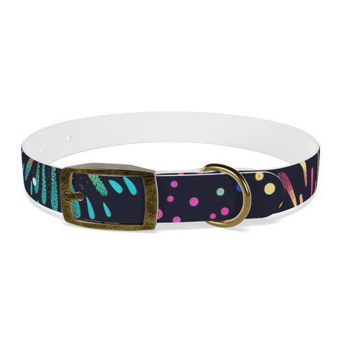 Vibrant black onyx dog collar with festive fireworks design for medium dogs.