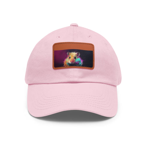 Neon hamster baseball cap in white with light brown rectangle patch.