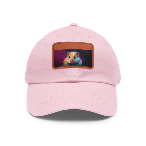 Neon hamster baseball hat in white with light brown rectangle patch.