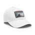 Mount Olympus inspired white snapback hat with light brown patch.