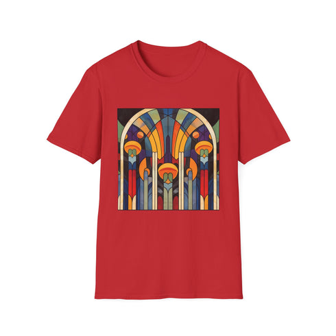 Charcoal cotton t-shirt with a vibrant geometric art deco pattern